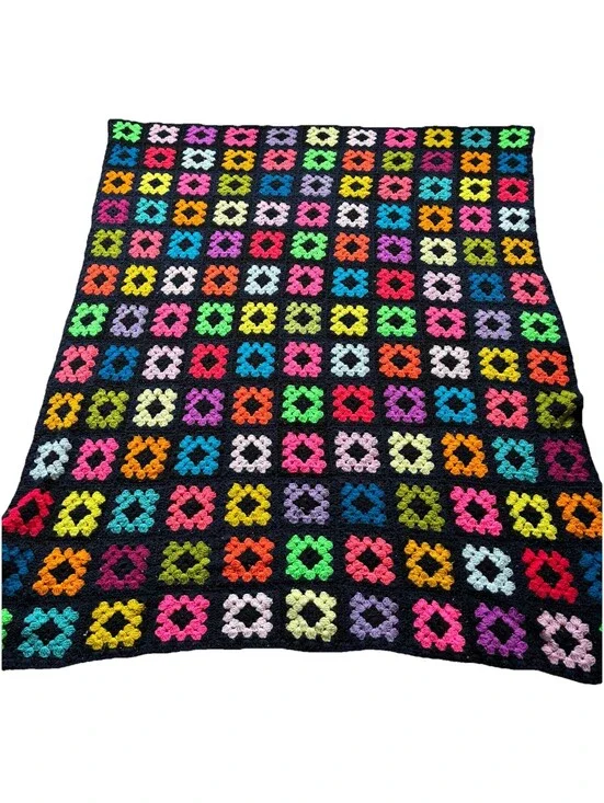 Vintage Granny Square Crochet Afghan Blanket Throw  Black Multi Colors 69”x57”