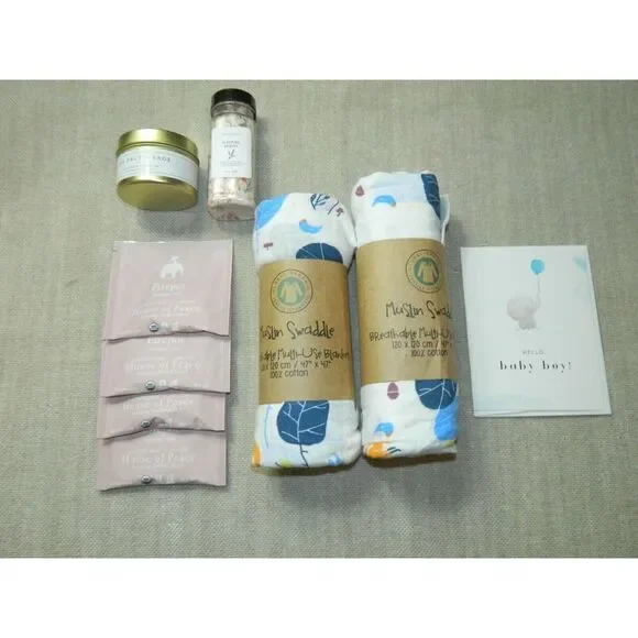 Global Organic Muslin Blanket‎ Cotton Candle Tea New Mom Gift Box
