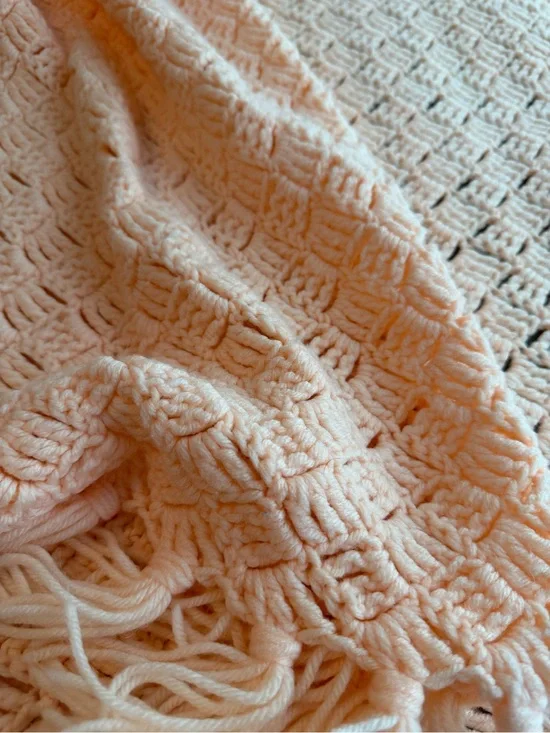 Vintage Hand Crocheted Peach Pink Fringe Afghan Throw Blanket Boho Cottagecore