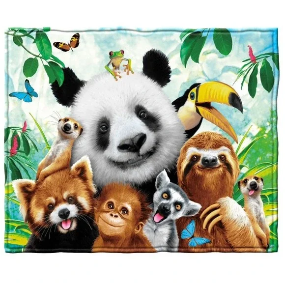 Dawhud Direct‎ Fleece Throw 50x60 Blanket Multicolor Zoo Animals Selfie NEW