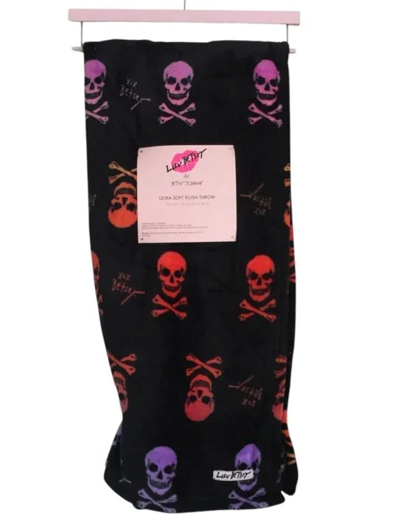 Betsey Johnson Neon Skull & Crossbones Black Plush Throw 50