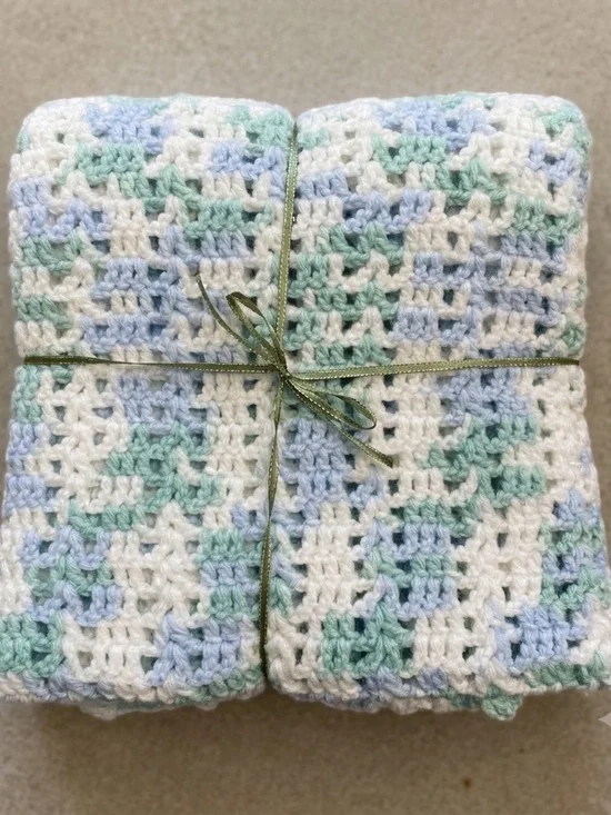 Handmade Crocheted Baby Blanket Afghan Mint Green Blue White