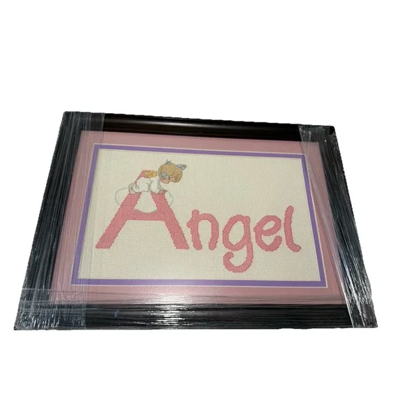 Needlepoint Angel Wall Art Framed Plaque Hanging Handmade Cross-stitch‎ Pink