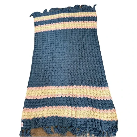 Afghan Blue Pink Off White‎ Handmade By Mother Blanket 72