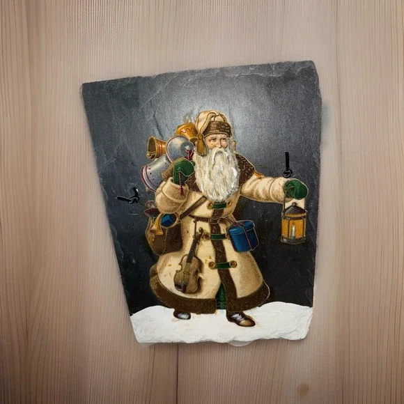 Slate‎ Wall Hanging Olde Father Christmas Primitive Style Fabric On Slate Vtg