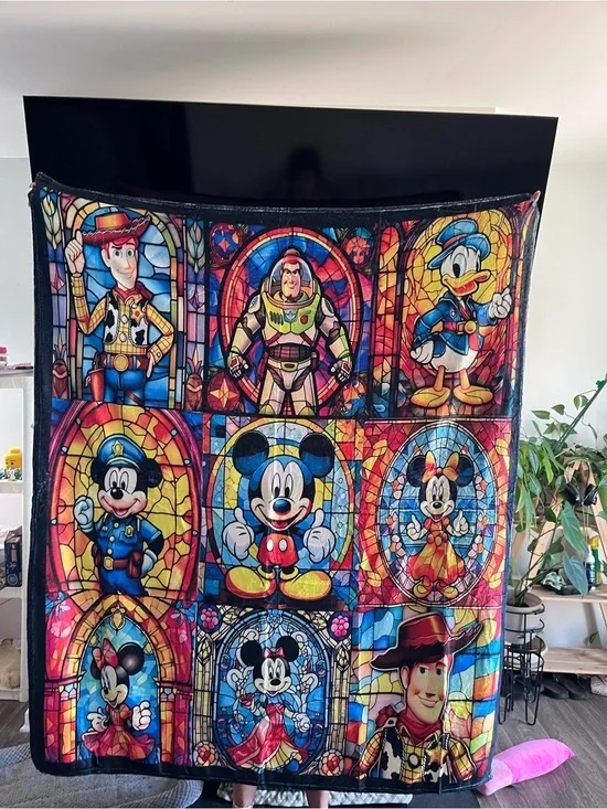 Disney Colorful Stained Glass Character throw blanket,- Blue, Red, Yellow