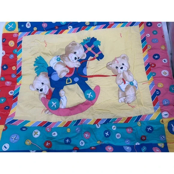 Vintage Baby Blanket Quilt Rocking Horse Teddy Bear Button Yellow Blue