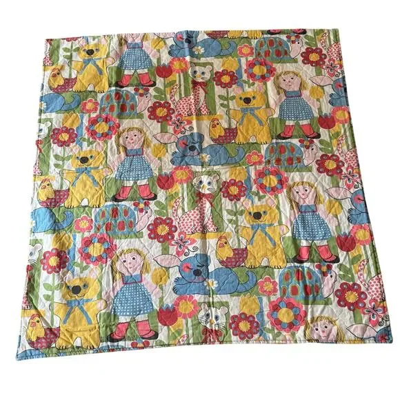 Vintage 1970s Kids Quilt Puppy Chicken Turtle Teddy Bear Doll Blanket 42