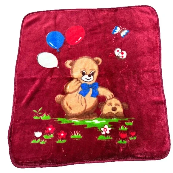 Vtg‎ Mink Baby Blanket Bear Puppy Balloons Butterfly Minky Security Red Blankie