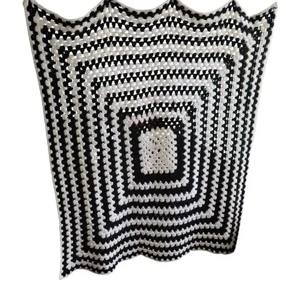Handmade Black White Crochet Granny Square Throw 48x48 Modern‎ Boho