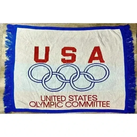 Vintage Logo Knits US Olympic Committee Throw Fringe Blanket 46”x37” Made In USA