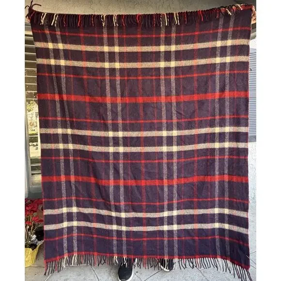 Vtg 60’s 100% Wool Throw Blanket Red Blue Tartan Plaid MCM‎ Small Twin 76x55