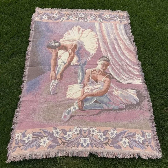 Vintage Goodwin Weavers Ballerina Woven Tapestry Throw Blanket Cotton Pink 68x48