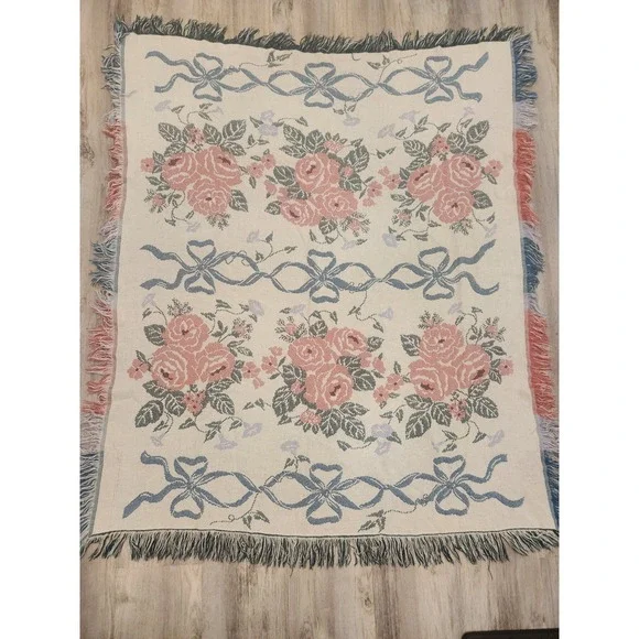 Vtg Crown Crafts Woven Tapestry Throw Blanket Rises Ribbons Bows Pink Blue Cream