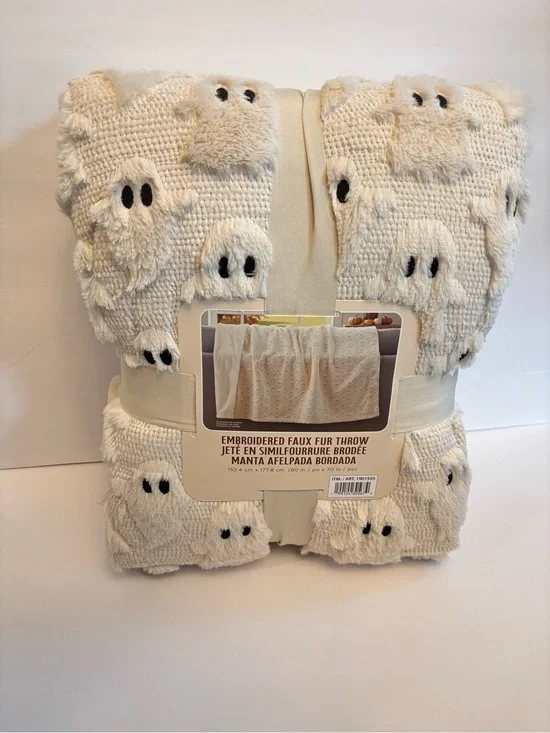 NWT Costco Halloween Faux Fur Embroidered Throw Blanket Ghost 60x70