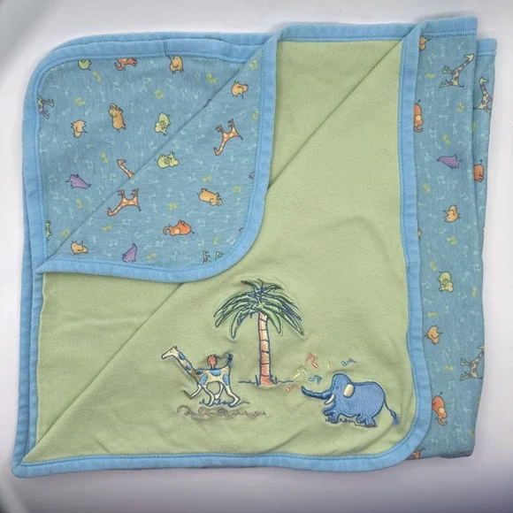 Vtg Carter's John Lennon REAL LOVE Baby Blanket Blue Green Animals Palm Trees