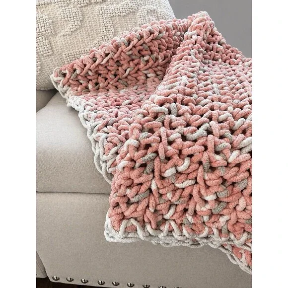 Handmade Baby Blanket Pink White Chunky Knit Chenille Throw Plush Crochet 32x32