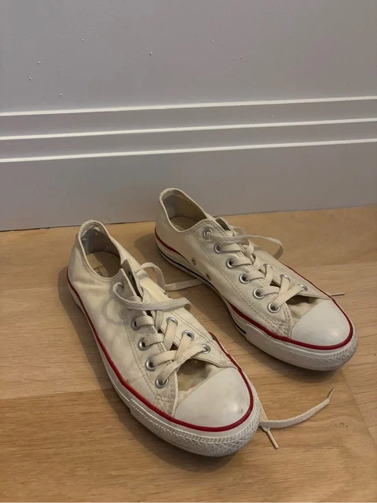 Converse Low Top Canvas Sneakers — Cream with Red Accent