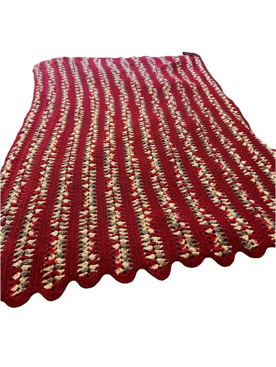 Vintage Handmade Crochet Red /Maroon, White, Gray Afghan 50”X 60”