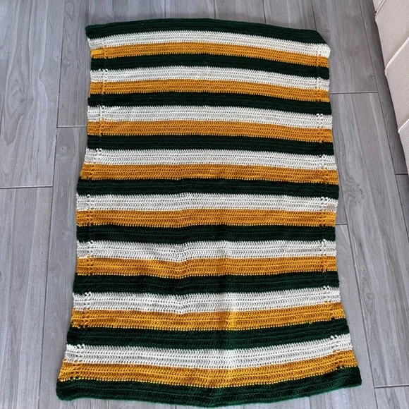 Handmade Crochet Blanket Throw Unisex 64x40 Green Yellow White Striped Packers