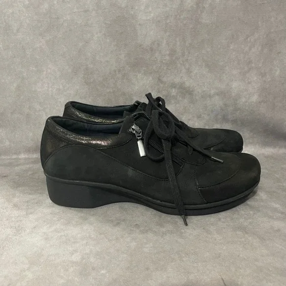 Dansko Hazel Black Leather Lace Up Comfort Shoes Womens EU 42 US 11.5 Side Zip‎