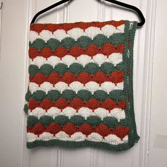 Handmade Crochet Throw Blanket Wave Pattern Green Orange White Boho Home Granny