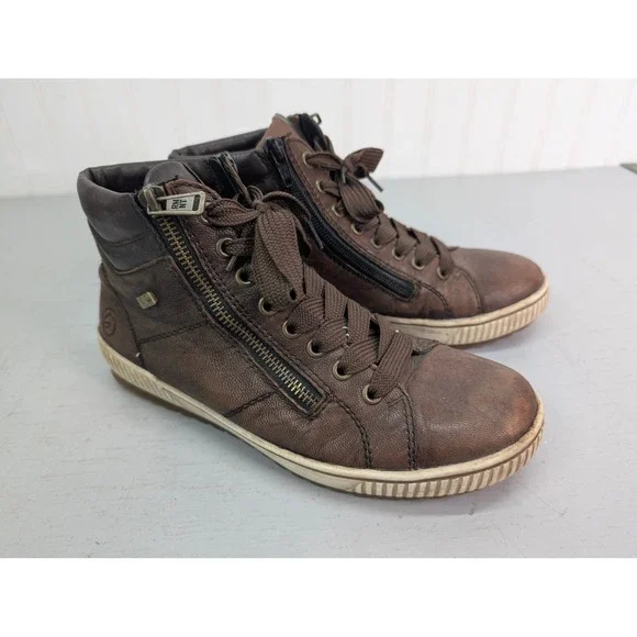 Remonte Brown Leather High‎ Top Sneakers Sz 38 Side Zip Fleece Lined 8909200845