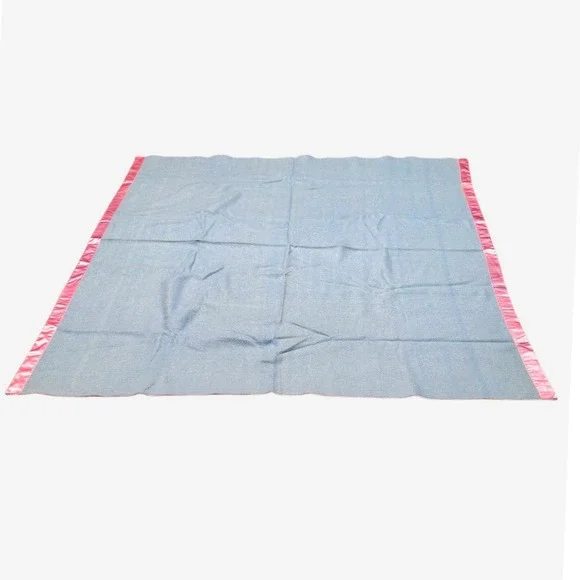 Vintage Blue Wool Blanket Lavender Satin Trim ‎ Mid Century Modern 62