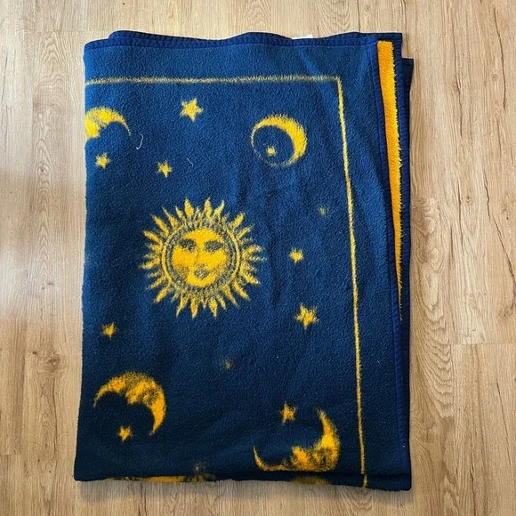 VTG Biederlack Celestial Throw Blanket Sun Moon Stars Blue Yellow USA 54x74