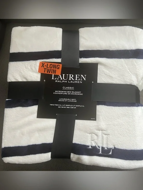 Lauren Ralph Lauren Micromink Plush Blanket, Twin xl, Blue Stripe on Cream