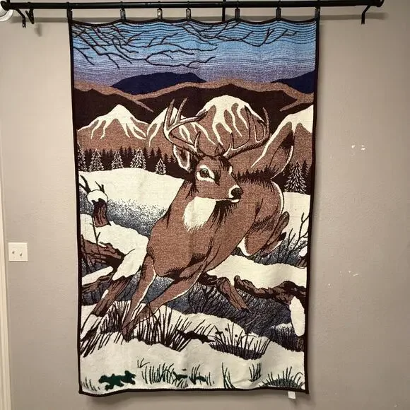 Vtg Biederlack Deer running in snow throw blanket - brown white log cabin 80x52