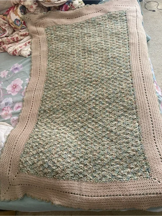 Handmade Crochet Throw Blanket - Sage Green & Cream, Textured Stitching 62”x40”