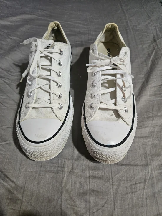 Converse White Platform Canvas Low Top Sneakers with Black Stripe, Size 10 Women