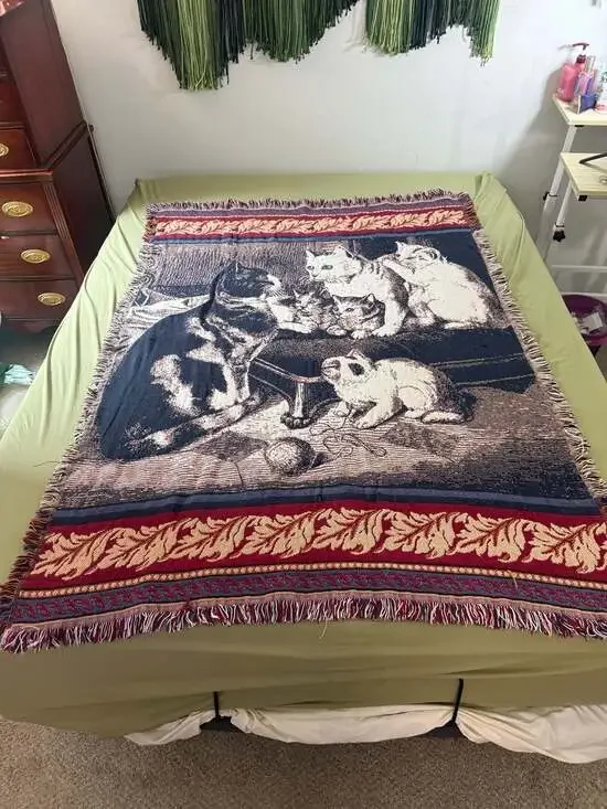 Goodwin Weavers Woven Cotton Tapestry Blanket w/ Cats *see description