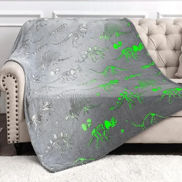 Dinosaur Gray Glow in The Dark Blanket- Soft Throw 50