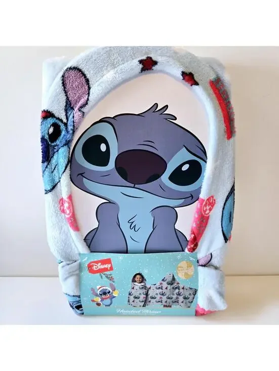 Disney Stitch Kids Christmas Winter Holiday Blue Hooded Throw Blanket 30x50 NWT