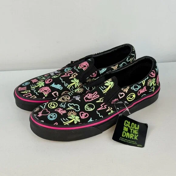 M6 W7.5- Vans Slip-On Glow In The Dark Black Neon Lights Emoji Skate Shoes