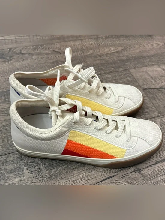 Rothy's Cream Canvas Sneakers with Yellow and Orange Stripe Sz 7