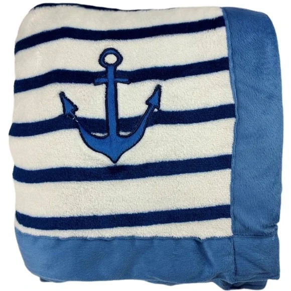 Baby Lounge‎ Blue Stripe ANCHOR Blanket Soft Fleece Embroidered Lovey Nautical