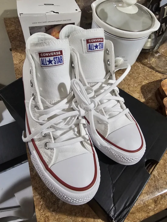 Converse Kids All Star High Top Sneakers in White with Red Trim