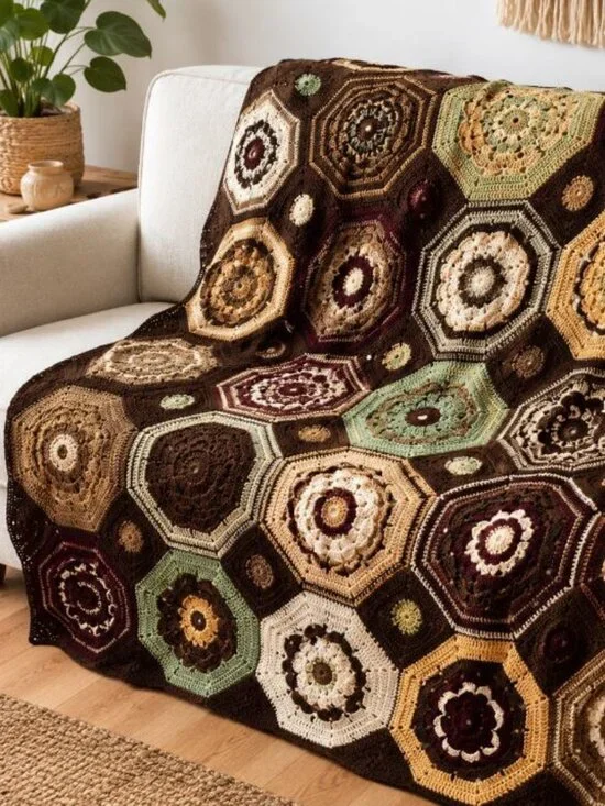 Vintage Handmade Crochet Afghan Blanket 66x81 Earth Tone Floral Boho Grannycore