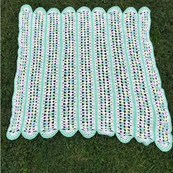 Handmade Baby Blanket Crocket Green White Pink Blue Gender Neutral Scallop