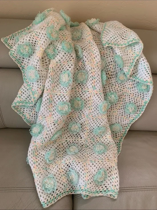 Handcrafted Crocheted Blanket Afghan Throw 44” x 48”