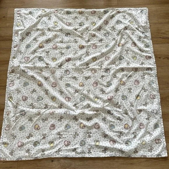 VTG 90s Hand Sewn Precious Moments Flannel Baby Blanket Bears Hearts White 45x44