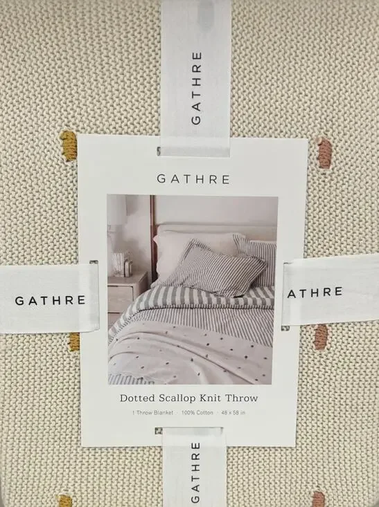 100% Cotton Knit Scalloped Bed Blanket Throw Natural Gathre