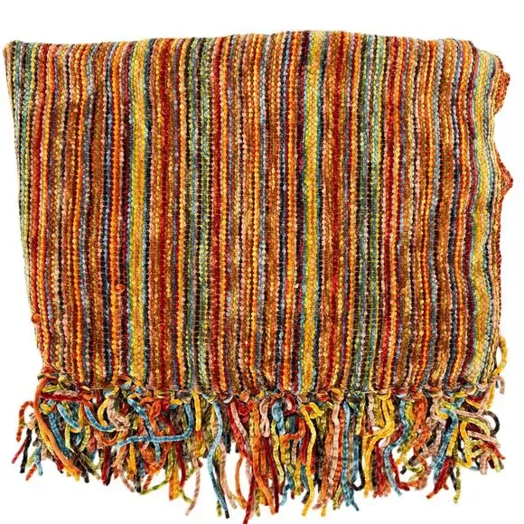 Pier 1 Imports Chenille Throw Blanket 72x56 Multicolor Striped Fringe 72 X 56