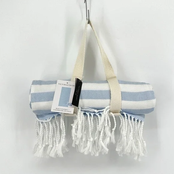 Victoria Secret Beach Blanket Blue White Stripe Fringe Tassels 34 x 64 Fold Up