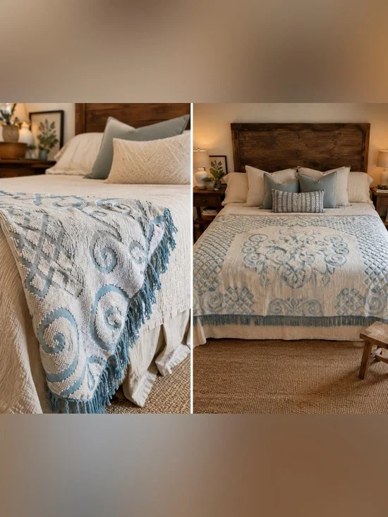 Vintage Montgomery Ward Blue & White Chenille Bedspread Full Fringe Cottagecore