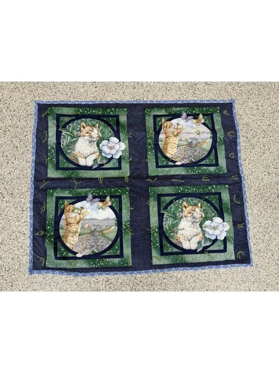Vintage Cat Quilt Throw 35x43 Patchwork Kitty Cottagecore Handmade Lap Blanket