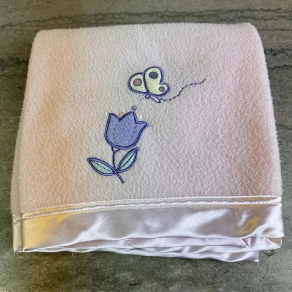 Vtg Wamsutta Baby Blanket Pink Satin Trim Flower Butterfly